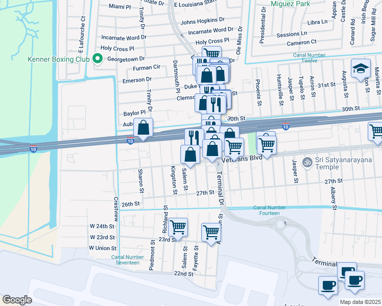 map of restaurants, bars, coffee shops, grocery stores, and more near 2831 Fayette Street in Kenner
