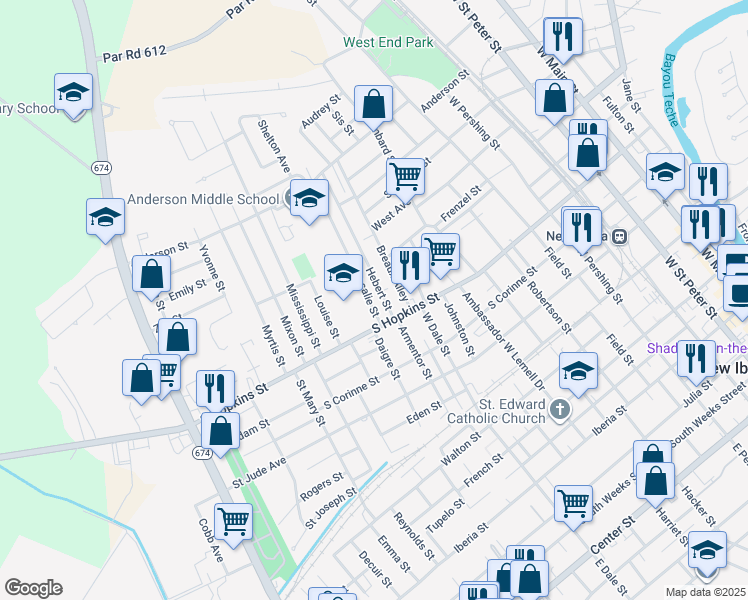 map of restaurants, bars, coffee shops, grocery stores, and more near 612 Rosalie Street in New Iberia