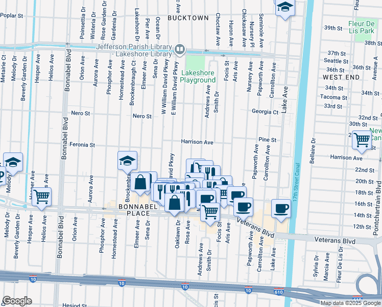 map of restaurants, bars, coffee shops, grocery stores, and more near 852 Rosa Avenue in Metairie