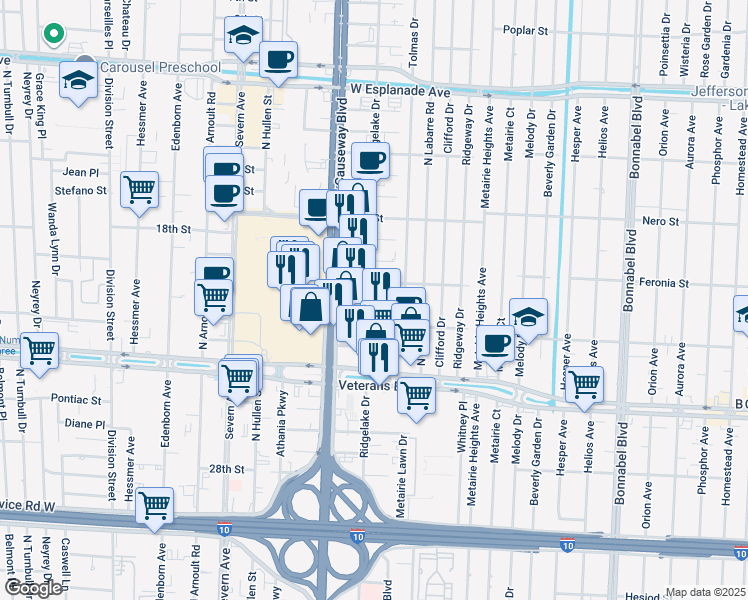 map of restaurants, bars, coffee shops, grocery stores, and more near 3027 Ridgelake Drive in Metairie