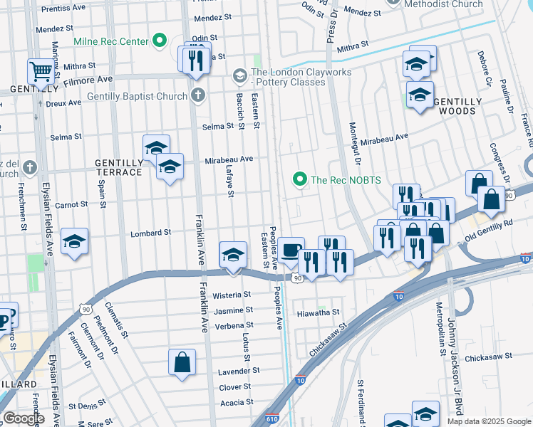 map of restaurants, bars, coffee shops, grocery stores, and more near 4625 Eastern Street in New Orleans