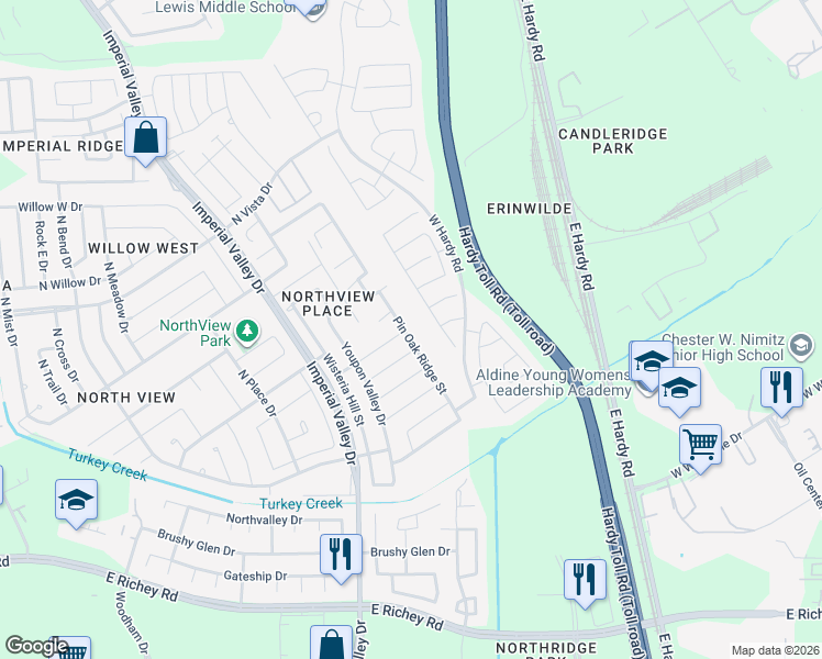 map of restaurants, bars, coffee shops, grocery stores, and more near 16014 Pin Oak Ridge Street in Houston