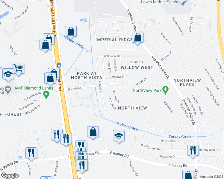 map of restaurants, bars, coffee shops, grocery stores, and more near 16411 North Cross Drive in Houston