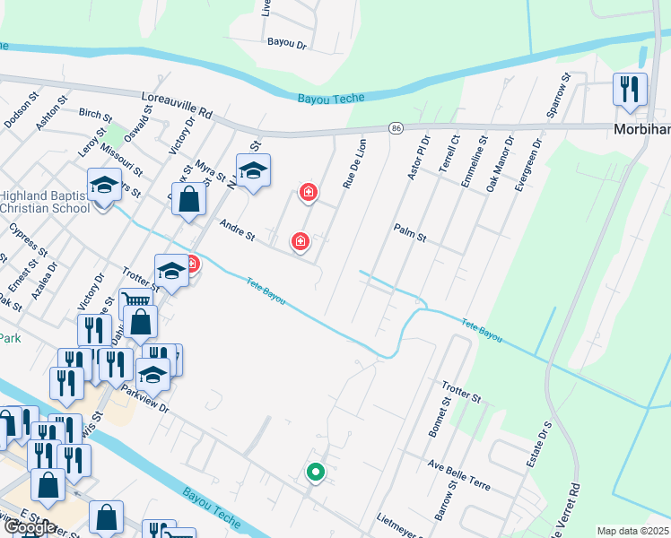 map of restaurants, bars, coffee shops, grocery stores, and more near 142 Par Road 607 in New Iberia