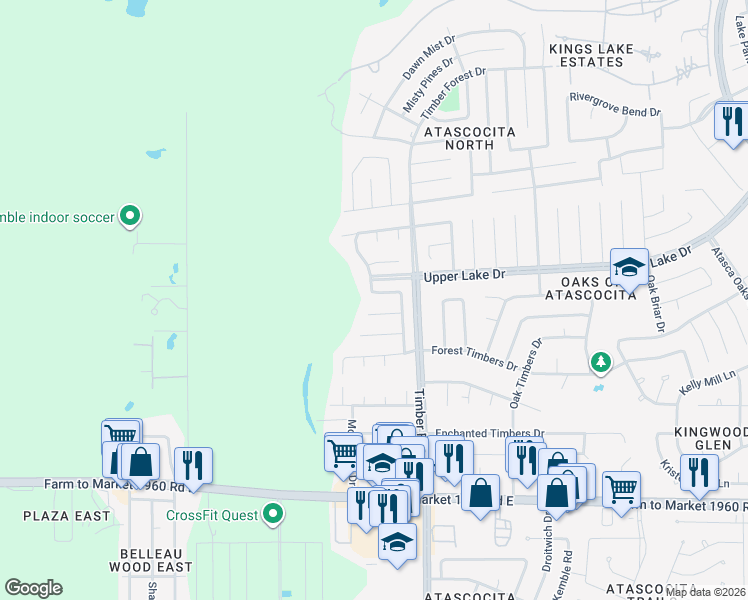 map of restaurants, bars, coffee shops, grocery stores, and more near 19603 Swiftbrook Drive in Humble