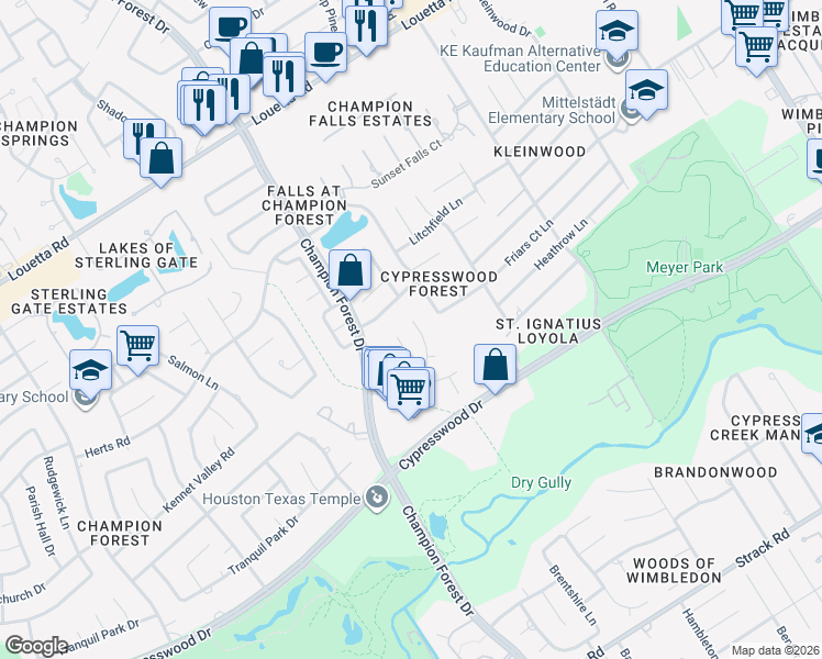map of restaurants, bars, coffee shops, grocery stores, and more near 16243 Morningbrook Dr in Spring