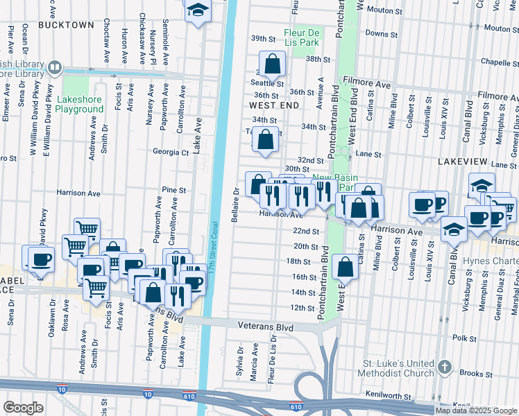 map of restaurants, bars, coffee shops, grocery stores, and more near 339 West Harrison Avenue in New Orleans