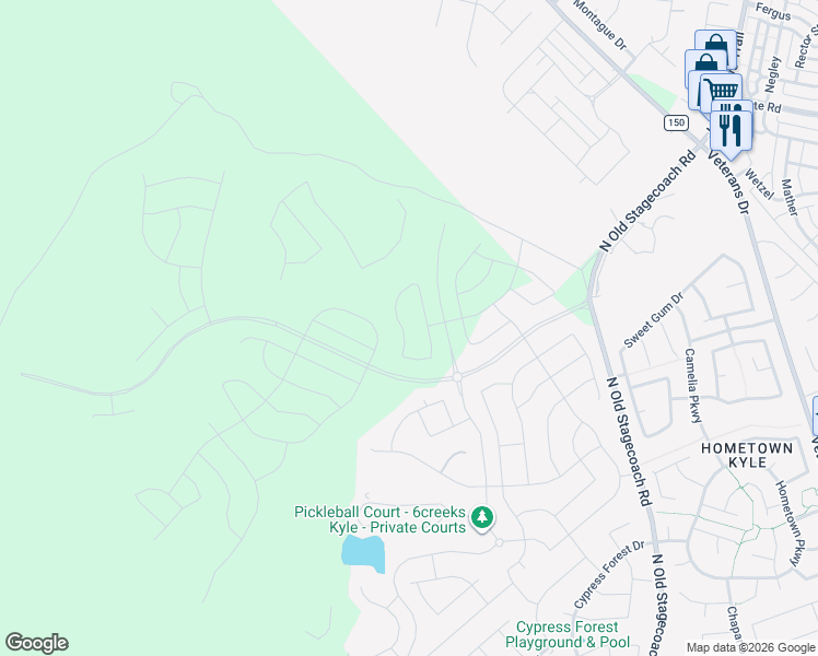 map of restaurants, bars, coffee shops, grocery stores, and more near Six Creeks Boulevard in Kyle