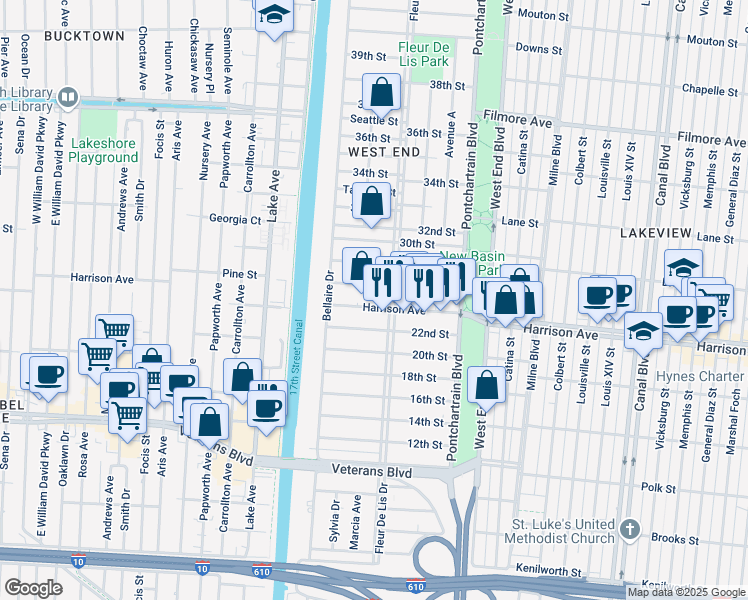 map of restaurants, bars, coffee shops, grocery stores, and more near 339 West Harrison Avenue in New Orleans