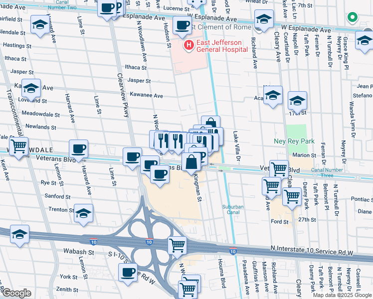 map of restaurants, bars, coffee shops, grocery stores, and more near 4401 Yale Street in Metairie