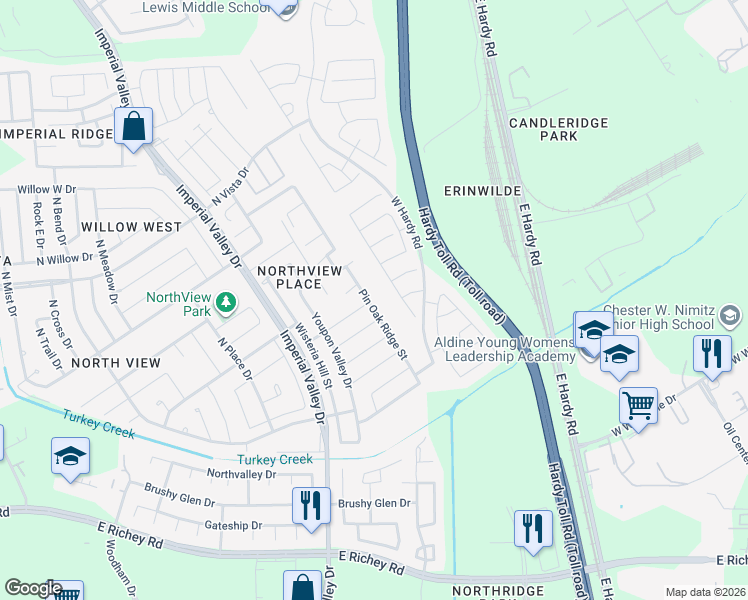 map of restaurants, bars, coffee shops, grocery stores, and more near 16014 Pin Oak Ridge Street in Houston