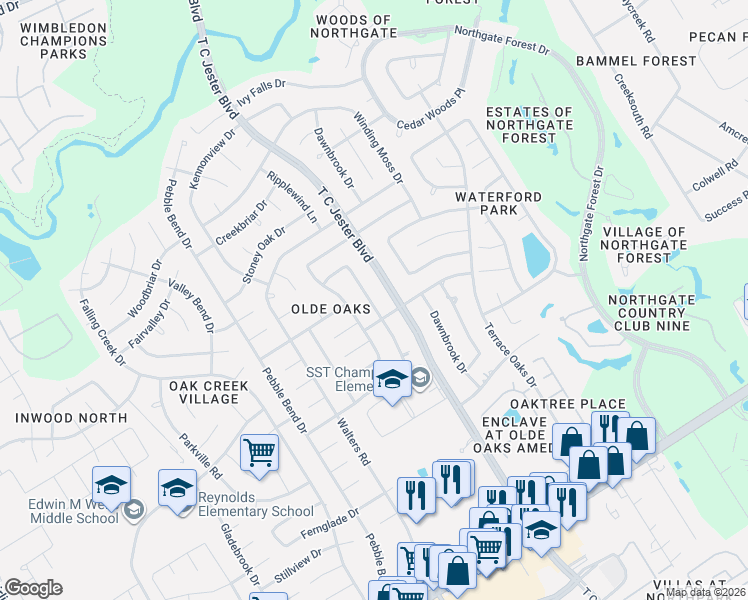 map of restaurants, bars, coffee shops, grocery stores, and more near 15307 T C Jester Boulevard in Houston