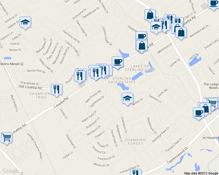 map of restaurants, bars, coffee shops, grocery stores, and more near 9107 New Forest Rd in Spring