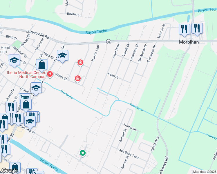 map of restaurants, bars, coffee shops, grocery stores, and more near 507 Terrell Court in New Iberia