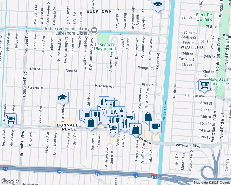 map of restaurants, bars, coffee shops, grocery stores, and more near 855 Wilshire Boulevard in Metairie