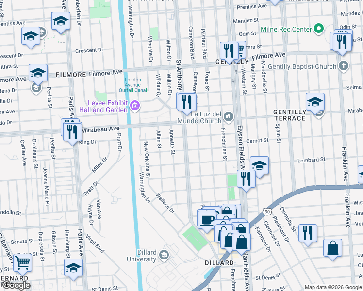 map of restaurants, bars, coffee shops, grocery stores, and more near 1967 Carnot Street in New Orleans