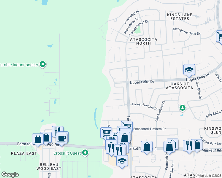 map of restaurants, bars, coffee shops, grocery stores, and more near 19603 Swiftbrook Drive in Humble