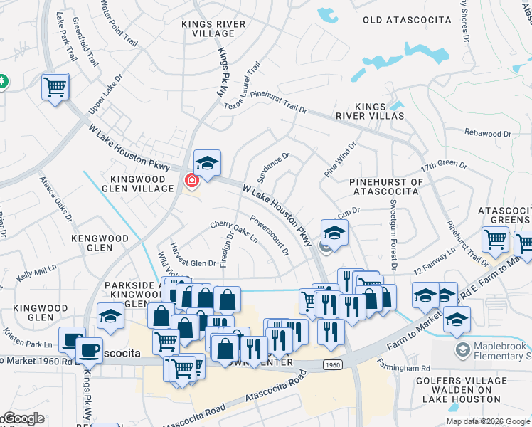 map of restaurants, bars, coffee shops, grocery stores, and more near 19907 Wood Walk Lane in Humble