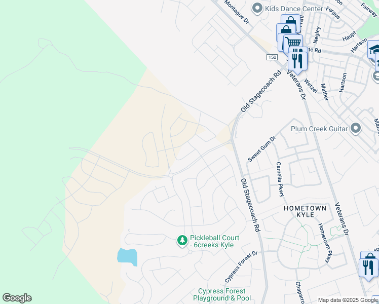 map of restaurants, bars, coffee shops, grocery stores, and more near 416 Coyote Creek Way in Kyle
