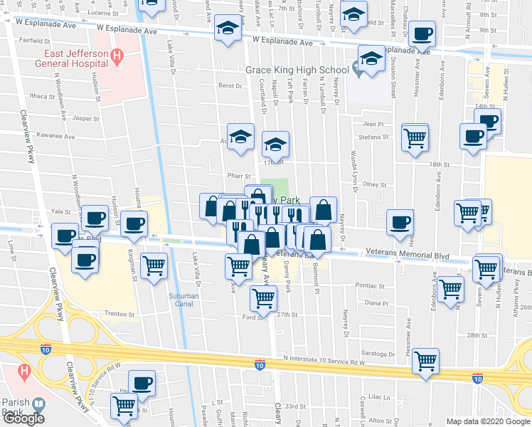 map of restaurants, bars, coffee shops, grocery stores, and more near 3401 Cleary Avenue in Metairie