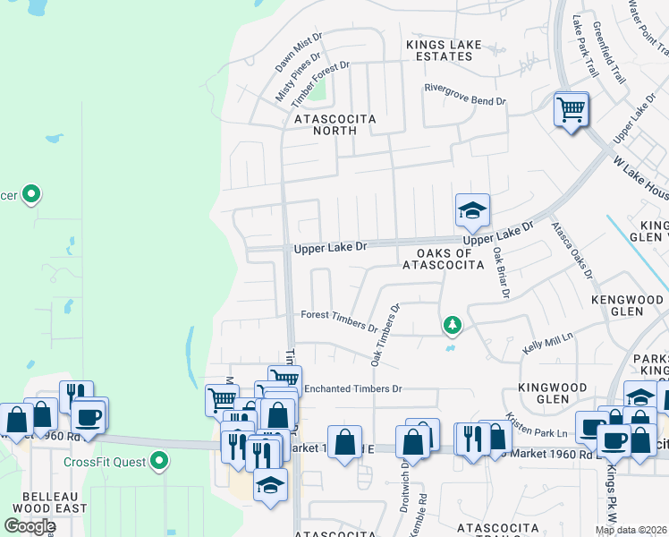 map of restaurants, bars, coffee shops, grocery stores, and more near 19618 Spoonwood Drive in Humble