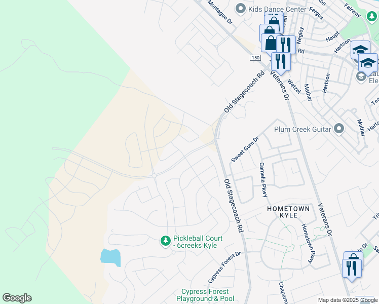 map of restaurants, bars, coffee shops, grocery stores, and more near Six Creeks Boulevard in Kyle