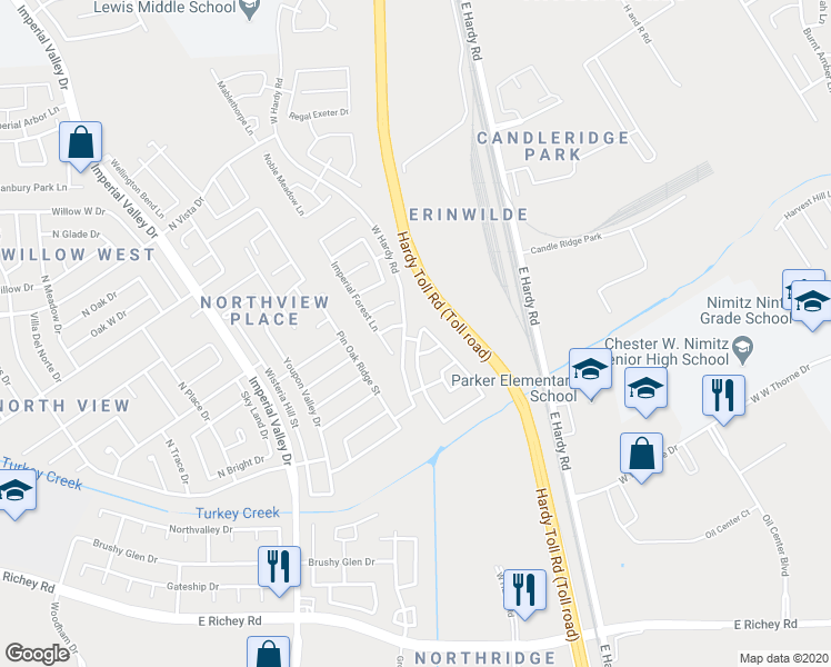 map of restaurants, bars, coffee shops, grocery stores, and more near 15931 Regal Trace Lane in Houston