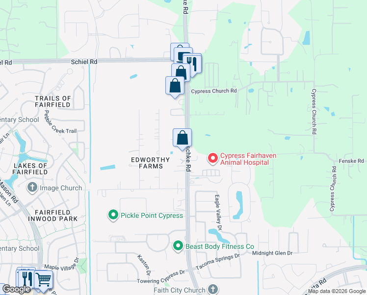 map of restaurants, bars, coffee shops, grocery stores, and more near 15855 Mueschke Road in Cypress