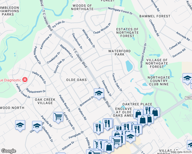 map of restaurants, bars, coffee shops, grocery stores, and more near 15307 T C Jester Boulevard in Houston