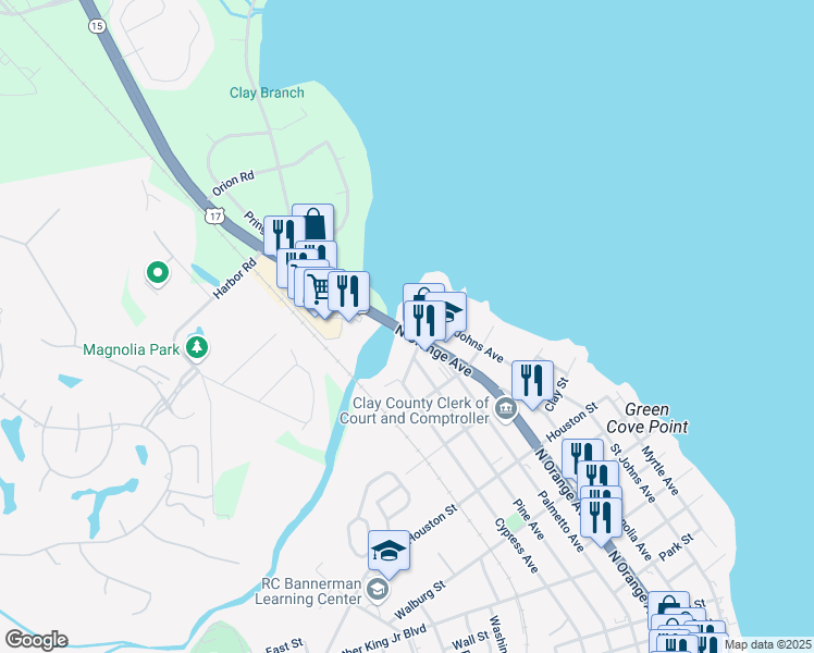 map of restaurants, bars, coffee shops, grocery stores, and more near 166 Governor Street in Green Cove Springs