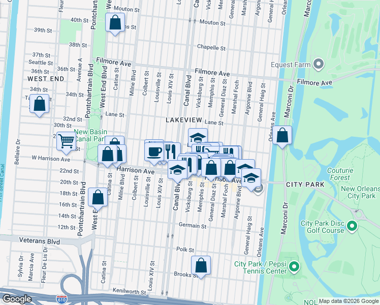 map of restaurants, bars, coffee shops, grocery stores, and more near 6366 Vicksburg Street in New Orleans