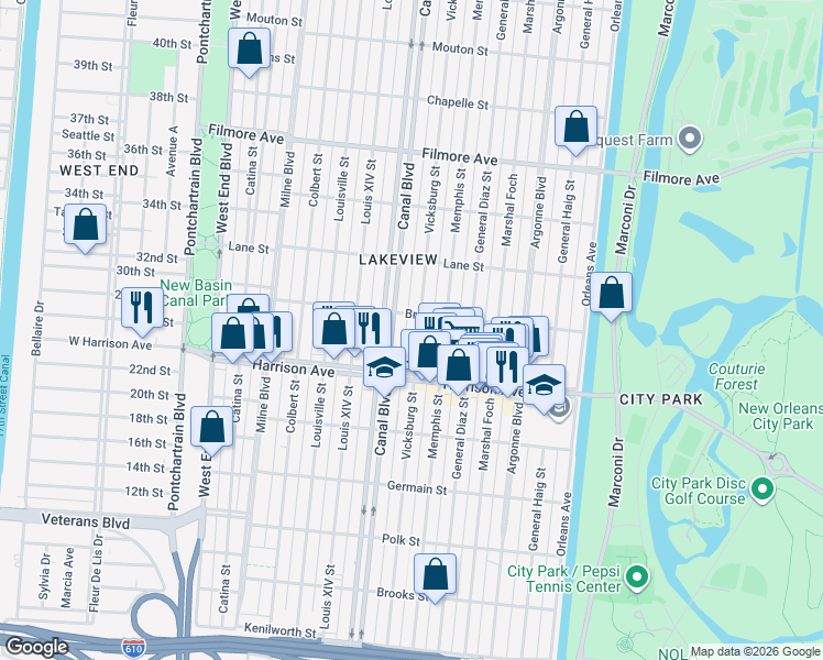 map of restaurants, bars, coffee shops, grocery stores, and more near 6366 Vicksburg Street in New Orleans