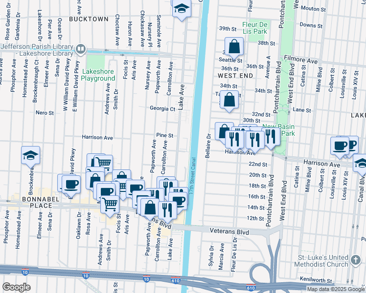 map of restaurants, bars, coffee shops, grocery stores, and more near 1161 Lake Avenue in Metairie