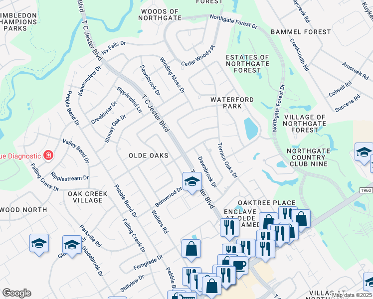 map of restaurants, bars, coffee shops, grocery stores, and more near 15307 T C Jester Boulevard in Houston