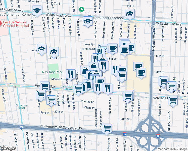 map of restaurants, bars, coffee shops, grocery stores, and more near 3440 Division Street in Metairie