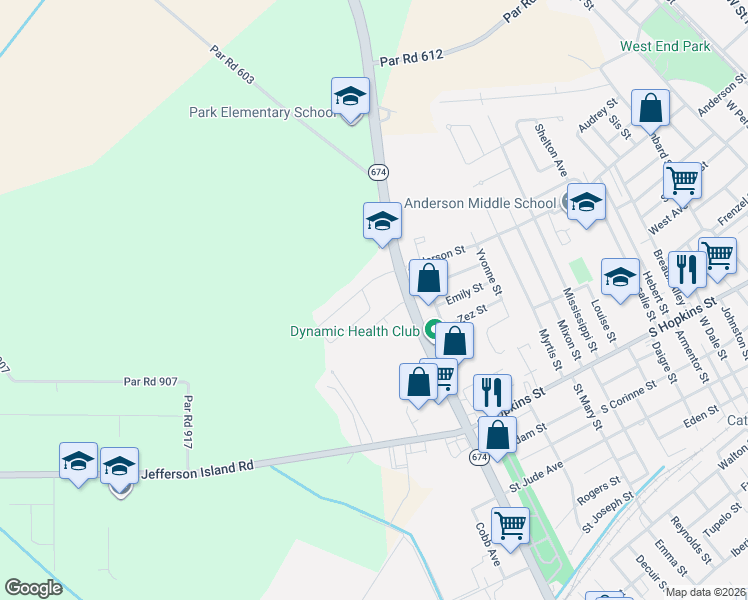map of restaurants, bars, coffee shops, grocery stores, and more near 1800 Marigold Drive in New Iberia