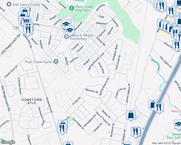 map of restaurants, bars, coffee shops, grocery stores, and more near 174 Spring Branch Loop in Kyle