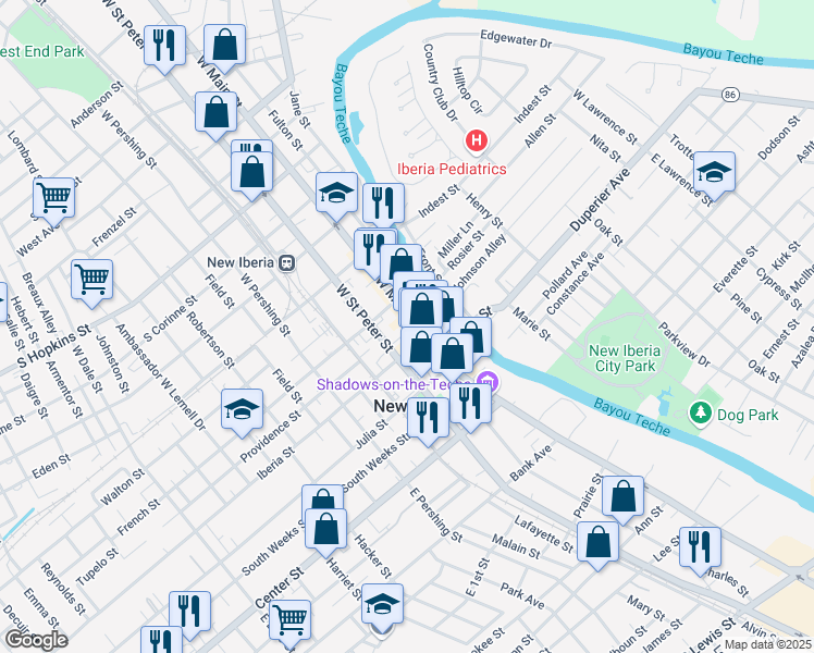 map of restaurants, bars, coffee shops, grocery stores, and more near 119 West Main Street in New Iberia