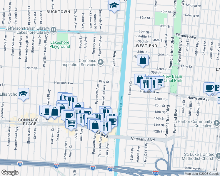 map of restaurants, bars, coffee shops, grocery stores, and more near 1168 Lake Avenue in Metairie
