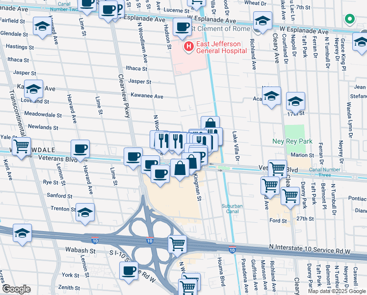 map of restaurants, bars, coffee shops, grocery stores, and more near 4401 Yale Street in Metairie