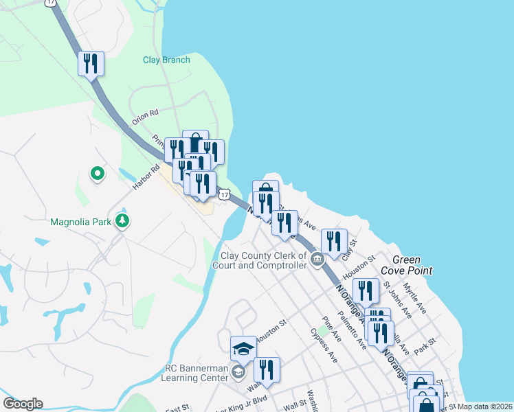 map of restaurants, bars, coffee shops, grocery stores, and more near 162 Governor Street in Green Cove Springs