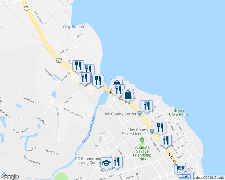 map of restaurants, bars, coffee shops, grocery stores, and more near 146 Governor Street in Green Cove Springs