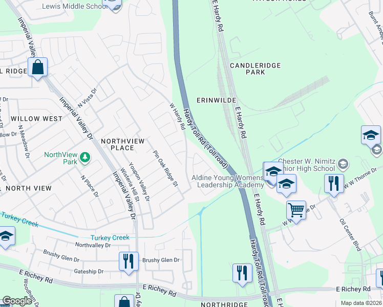 map of restaurants, bars, coffee shops, grocery stores, and more near 15931 Regal Trace Lane in Houston