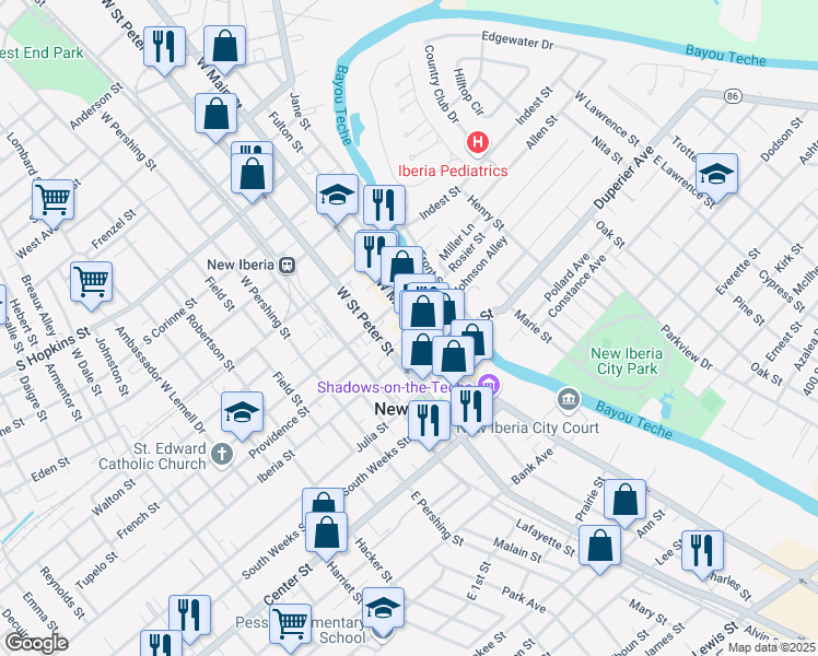 map of restaurants, bars, coffee shops, grocery stores, and more near 119 West Main Street in New Iberia