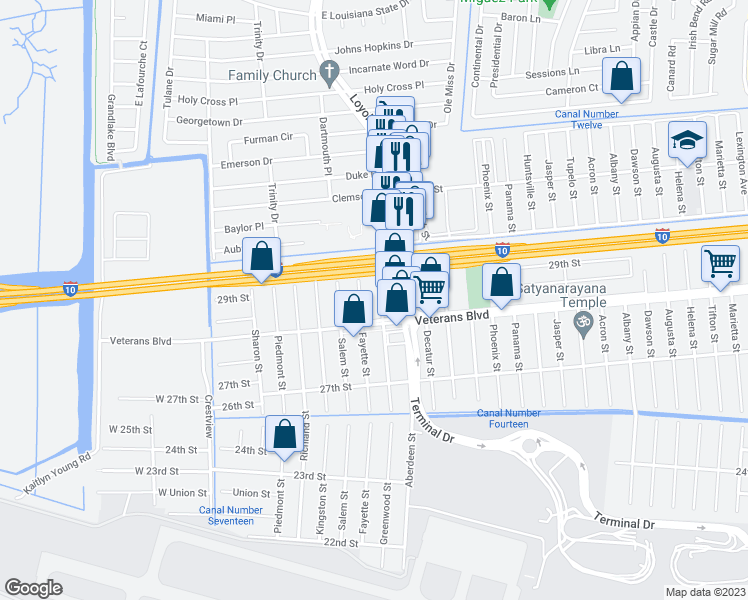 map of restaurants, bars, coffee shops, grocery stores, and more near 2821 Greenwood Street in Kenner