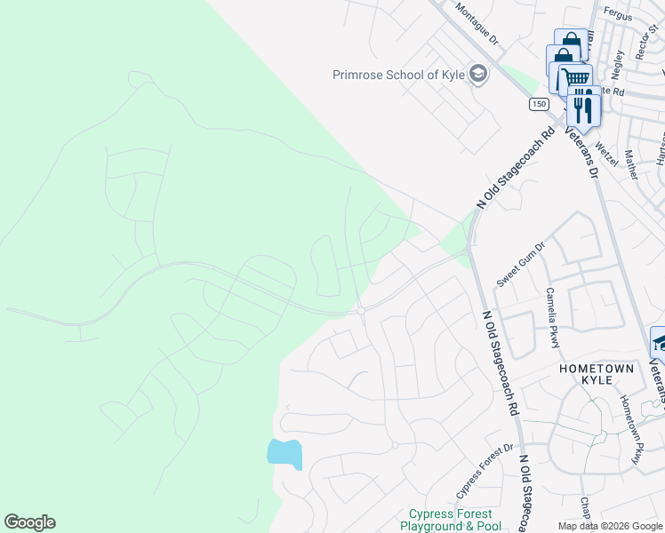 map of restaurants, bars, coffee shops, grocery stores, and more near Six Creeks Boulevard in Kyle