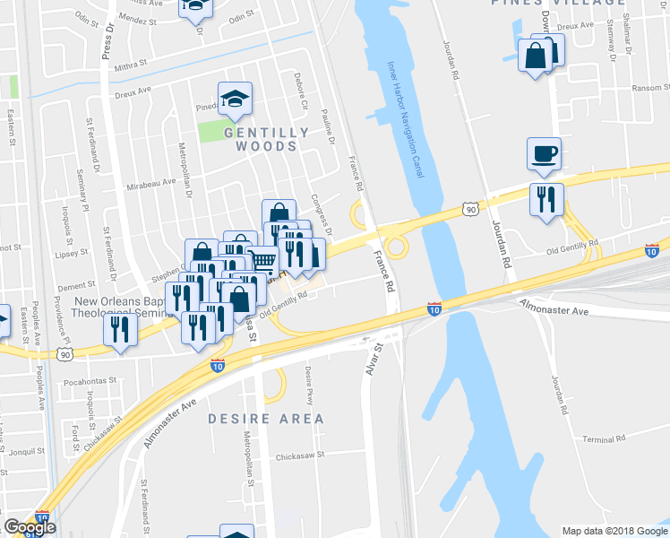 map of restaurants, bars, coffee shops, grocery stores, and more near 4950 Chef Menteur Hwy in New Orleans