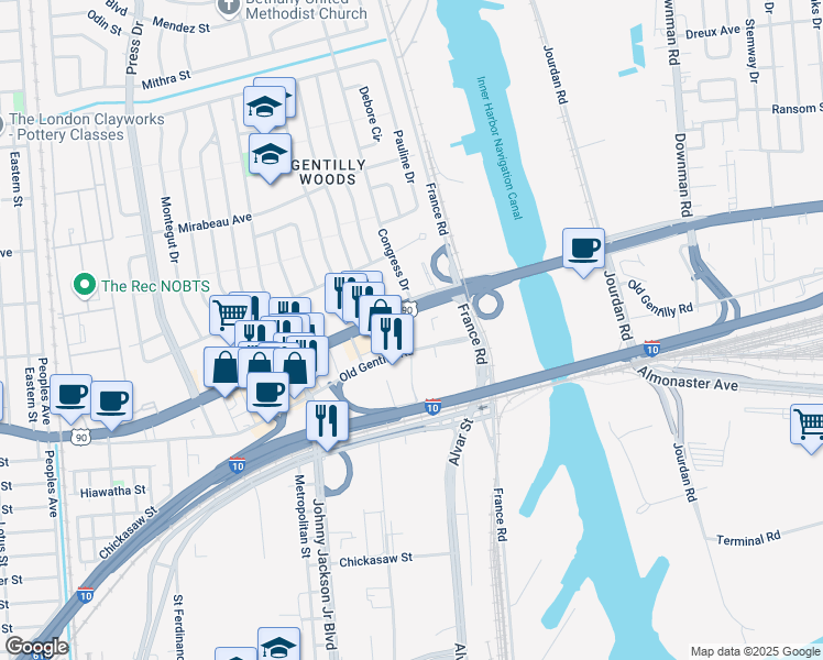 map of restaurants, bars, coffee shops, grocery stores, and more near 4950 Chef Menteur Highway in New Orleans