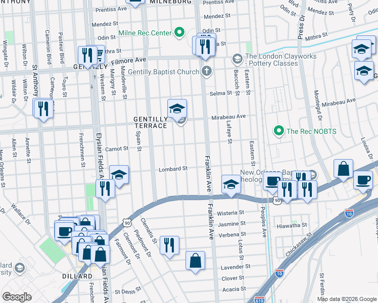 map of restaurants, bars, coffee shops, grocery stores, and more near 4644 Painters Street in New Orleans