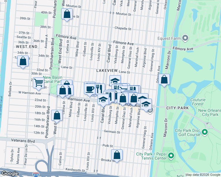 map of restaurants, bars, coffee shops, grocery stores, and more near 6366 Vicksburg Street in New Orleans